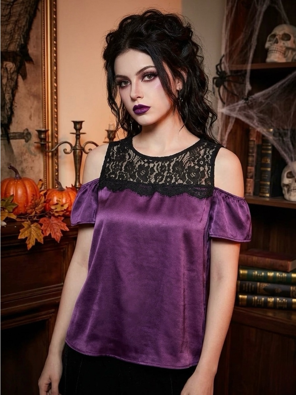 ob•sess Whimsigoth Purple Satin & Black Lace Cold Shoulder Top PXL